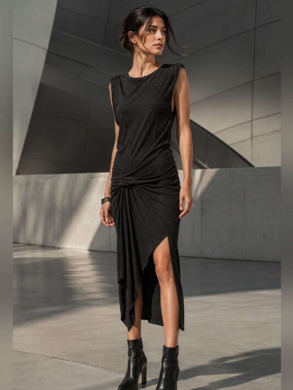 All Saints Riviera Jersey Black Dress Size 4 USA Draped Asymmetrical hem